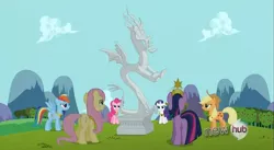 Size: 853x468 | Tagged: applejack, big crown thingy, derpibooru import, discord, elements of harmony, fluttershy, hub logo, keep calm and flutter on, mane six, pinkie pie, rainbow dash, rarity, safe, screencap, statue, twilight sparkle