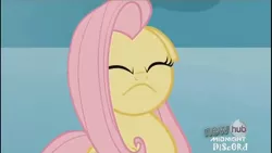 Size: 1366x768 | Tagged: angry, constipated, derpibooru import, eyes closed, face, faic, floppy ears, flutterfrown, fluttershy, frown, frustrated, hub logo, :i, keep calm and flutter on, safe, screencap, solo