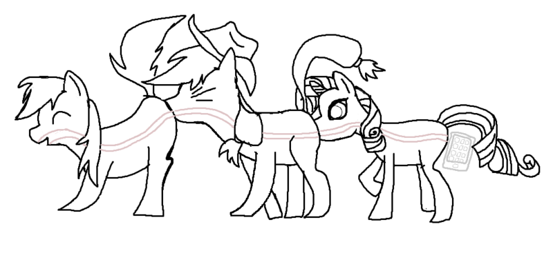 Size: 1068x490 | Tagged: artist needed, questionable, derpibooru import, applejack, rainbow dash, rarity, earth pony, pony, unicorn, eyes closed, faceful of ass, female, implied scat, mare, monochrome, parody, pony centipede, raised tail, south park, tail, the human centipede, wingless