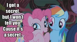 Size: 638x356 | Tagged: derpibooru import, image macro, pinkie pie, rainbow dash, safe, secret, troll, trollface, trolling