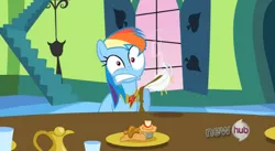 Size: 852x466 | Tagged: safe, derpibooru import, screencap, rainbow dash, pony, keep calm and flutter on, faic, female, funny, funny as hell, gravy, gravy boat, hub logo, mare, ouch, out of context, pain, rainbow dash is best facemaker, wide eyes