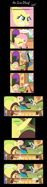 Size: 894x3500 | Tagged: safe, artist:cryssy-miu, derpibooru import, discord, fluttershy, draconequus, pony, angry, bored, comic, couch, crying, dialogue, duo, english, facehoof, facepalm, female, fluttershy's cottage, frown, gritted teeth, lying, male, mare, onomatopoeia, punishment, raised hoof, sitting, spanking, standing, stare, tapping, this hurts me more than it hurts you, unamused, yelling