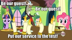 Size: 957x537 | Tagged: beauty and the beast, be our guest, big crown thingy, candle, caption, dancing, derpibooru import, discord, disney, edit, edited screencap, element of laughter, element of magic, fluttershy, hub logo, image macro, keep calm and flutter on, meme, moustache, pinkie pie, safe, screencap, song reference, twilight sparkle