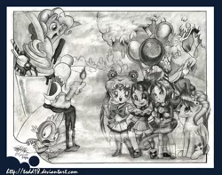 Size: 792x624 | Tagged: artist:todd18, balloon, cake, cerebella, crossover, fluttershy, ice cream, monochrome, parasoul, pinkie pie, safe, sailor moon, skullgirls, spike