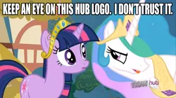 Size: 1024x575 | Tagged: safe, derpibooru import, edit, edited screencap, screencap, princess celestia, twilight sparkle, alicorn, pony, unicorn, keep calm and flutter on, all new, big crown thingy, breaking the fourth wall, caption, crown, female, funny, hub logo, image macro, jewelry, looking at each other, mare, meme, op is a slowpoke, ponyville, regalia, text, unicorn twilight