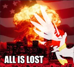 Size: 550x498 | Tagged: safe, derpibooru import, oc, oc:fausticorn, unofficial characters only, alicorn, pony, doom faust, doom paul, explosion, female, flag, image macro, mare, meme