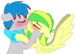 Size: 472x340 | Tagged: artist:artflicker, blushing, derpibooru import, female, kissing, male, musician, oc, oc:the living tombstone, oc:wooden toaster, oc x oc, ponysona, safe, shipping, straight, tombtoaster, unofficial characters only, wingboner