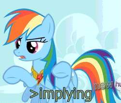 Size: 547x464 | Tagged: air quotes, animated, derpibooru import, edit, edited screencap, element of loyalty, image macro, implying, keep calm and flutter on, meme, rainbow dash, safe, screencap