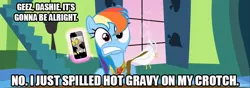 Size: 700x246 | Tagged: safe, derpibooru import, edit, edited screencap, screencap, discord, rainbow dash, pony, keep calm and flutter on, caption, female, gravy, gravy boat, image macro, iphone, mare, phone, scott pilgrim