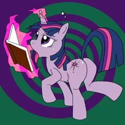 Size: 750x750 | Tagged: safe, artist:baigak, derpibooru import, twilight sparkle, book, glowing horn, levitation, magic, pixiv, plot, solo, telekinesis, tongue out