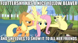 Size: 852x472 | Tagged: safe, color edit, derpibooru import, applejack, fluttershy, mr. beaverton beaverteeth, beaver, earth pony, pegasus, pony, keep calm and flutter on, angry, image macro, primus, recolor, song reference, wynona's big brown beaver
