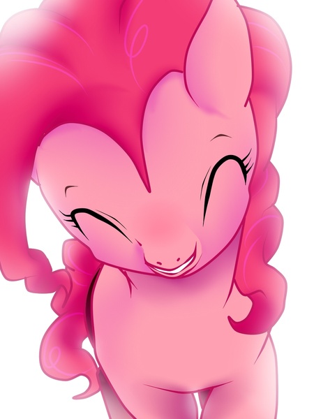 Size: 900x1200 | Tagged: safe, artist:nabe, derpibooru import, pinkie pie, earth pony, pony, eyes closed, offscreen character, pixiv, pov, simple background, smiling, solo, white background