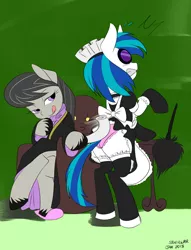 Size: 2680x3507 | Tagged: suggestive, artist:siberwar, derpibooru import, octavia melody, vinyl scratch, earth pony, pony, unicorn, clothes, female, lesbian, maid, mare, newspaper, panties, plot, scratchtavia, shipping, skirt, spanking, stockings, tongue out, underwear, unshorn fetlocks, upskirt