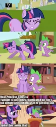 Size: 570x1280 | Tagged: constipated, denial, derpibooru import, letter, safe, spike, twilight sparkle