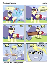 Size: 2550x3300 | Tagged: safe, artist:mystic-forces, derpibooru import, care package, derpy hooves, rainbow dash, special delivery, pegasus, pony, .mov, baseball bat, comic, female, mare, underp