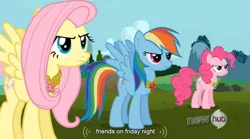 Size: 764x426 | Tagged: derpibooru import, fluttershy, keep calm and flutter on, pinkie pie, rainbow dash, safe, screencap, youtube caption