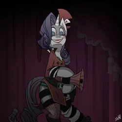 Size: 1045x1045 | Tagged: semi-grimdark, artist:kelcasual, derpibooru import, rarity, pony, bipedal, borderlands, crossover, mad moxxi, megaphone, solo