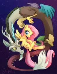 Size: 1280x1646 | Tagged: dead source, safe, artist:sambragg, derpibooru import, discord, fluttershy, keep calm and flutter on, discoshy, female, male, shipping, straight