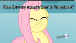 Size: 1920x1080 | Tagged: angry, constipated, derpibooru import, edit, edited screencap, eyes closed, faic, floppy ears, flutterfrown, fluttershy, frown, hub logo, image macro, keep calm and flutter on, question, safe, screencap, solo