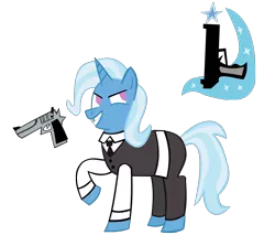 Size: 1859x1656 | Tagged: safe, artist:jewelsfriend, derpibooru import, trixie, pony, unicorn, alternate cutie mark, bullet-tooth tony, clothes, crossover, female, glare, grin, gun, handgun, levitation, magic, mare, raised hoof, simple background, smirk, snatch, solo, suit, telekinesis, transparent background, vest