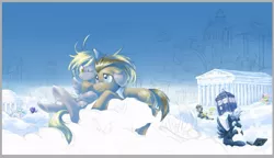 Size: 1081x622 | Tagged: safe, artist:saturnspace, derpibooru import, derpy hooves, doctor whooves, princess celestia, princess luna, star hunter, surprise, time turner, pegasus, pony, doctorderpy, female, g1, g1 to g4, generation leap, jack harkness, male, mare, shipping, straight, tardis, wip