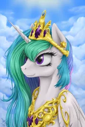 Size: 900x1350 | Tagged: safe, artist:1jaz, derpibooru import, princess celestia, alicorn, pony, bust, cloud, female, jewelry, mare, peytral, portrait, regalia, smiling, solo