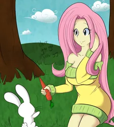 Size: 1280x1426 | Tagged: angel bunny, artist:spikedmauler, breasts, busty fluttershy, derpibooru import, fluttershy, humanized, safe