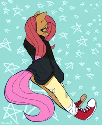 Size: 730x895 | Tagged: anthro, artist:mewball, bandage, clothes, converse, derpibooru import, fluttershy, safe, shoes, solo, sweater, sweatershy