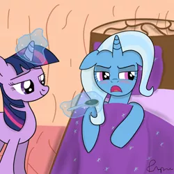 Size: 900x900 | Tagged: artist:fipse, bed, blanket, blushing, derpibooru import, embarrassed, female, lesbian, magic, medicine, safe, shipping, sick, telekinesis, trixie, twilight sparkle, twixie