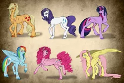 Size: 1087x734 | Tagged: safe, artist:earthsong9405, deleted from derpibooru, derpibooru import, applejack, fluttershy, pinkie pie, rainbow dash, rarity, twilight sparkle, earth pony, pegasus, pony, unicorn, eyepatch, lacerations, mane six, scar, welt