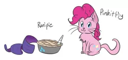 Size: 1613x753 | Tagged: :3, artist:whatsapokemon, cat, catified, chest fluff, derpibooru import, female, lesbian, literal, looking at you, pinkie cat, pinkie pie, pinkity, pun, raripie, rarity, safe, shipping, simple background, smiling, species swap, visual pun, white background