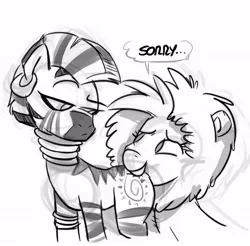 Size: 553x545 | Tagged: biting, butt bite, derpibooru import, furry confusion, leo, madagascar (movie), monochrome, ponies wanting to eat meat, ponyscopes, safe, this will end in pain, zebra, zecora, zodiac