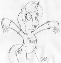 Size: 900x927 | Tagged: safe, artist:amigodan, derpibooru import, lyra heartstrings, pony, bipedal, clothes, gloves, happy, humie, monochrome, shirt, solo, that pony sure does love hands