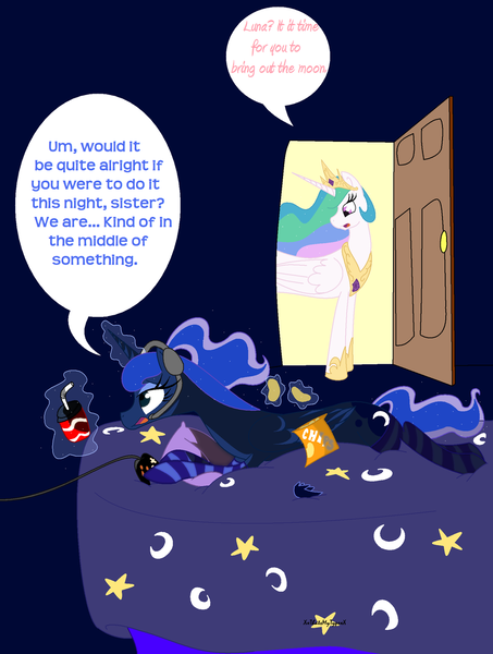 Size: 1024x1357 | Tagged: safe, artist:xxthatsmytypexx, derpibooru import, princess celestia, princess luna, pony, gamer luna, bed, chips, controller, dialogue, female, food, headset, magic, prone, royal sisters, siblings, sisters, soda, speech bubble, telekinesis