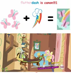 Size: 1440x1488 | Tagged: safe, derpibooru import, discord, fluttershy, keep calm and flutter on, comic sans, exploitable meme, female, flutterdash, lesbian, otp, overanalyzing, shipping