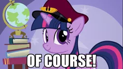 Size: 960x540 | Tagged: caption, derpibooru import, hat, image macro, looking at you, m. bison, nostalgia critic, of course, raised hoof, reaction image, safe, smiling, solo, twilight sparkle, tyrant sparkle