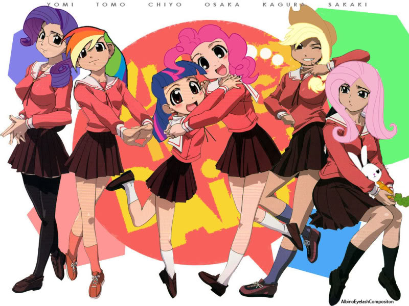 Size: 800x600 | Tagged: angel bunny, applejack, azumanga daioh, clothes, derpibooru import, fluttershy, humanized, kagura, kasuga ayumu, mihama chiyo, mizuhara koyomi, osaka, pinkie pie, rainbow dash, rarity, safe, sakaki, school uniform, skirt, takino tomo, twilight sparkle