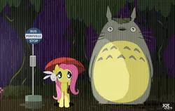 Size: 1250x790 | Tagged: angel bunny, artist:slickpuppy, bus stop, crossover, derpibooru import, fluttershy, my neighbor totoro, rain, safe, umbrella