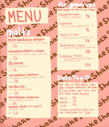 Size: 600x700 | Tagged: artist:asksugarmalt, ask sugar malt, derpibooru import, drink, ice cream, menu, safe, shake shack, soda