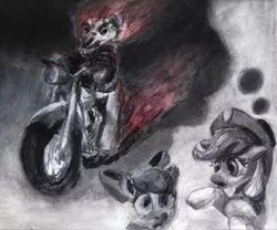 Size: 962x800 | Tagged: apple bloom, applejack, artist:obsequiosity, crossover, derpibooru import, ghost rider, motorcycle, safe