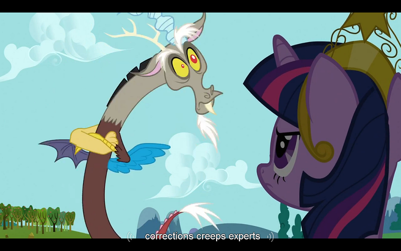 Size: 1024x640 | Tagged: safe, derpibooru import, screencap, discord, twilight sparkle, keep calm and flutter on, youtube caption