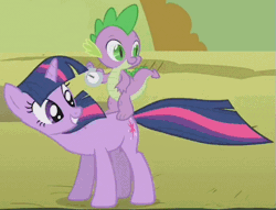 Size: 571x437 | Tagged: safe, derpibooru import, edit, edited screencap, screencap, spike, twilight sparkle, dragon, pony, unicorn, fall weather friends, animated, dragons riding ponies, female, grin, looking back, male, mare, riding, smiling, standing, stopwatch