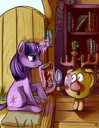 Size: 1237x1602 | Tagged: safe, artist:lexx2dot0, derpibooru import, twilight sparkle, deer, pony, unicorn, book, cactus, crossover, door, magic, magnifying glass, russian, scenery, smeshariki, unicorn twilight