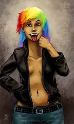 Size: 450x750 | Tagged: suggestive, artist:scorpiordinance, derpibooru import, rainbow dash, belly button, breasts, clothes, humanized, leather jacket, partial nudity, tongue out, tongue piercing