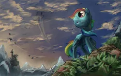 Size: 2048x1280 | Tagged: safe, artist:ruffu, derpibooru import, rainbow dash, flying, in the distance, scenery, trail, vertigo