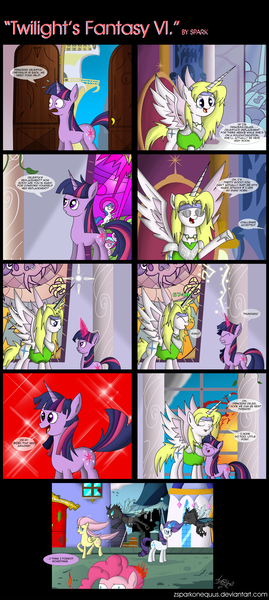 Size: 2860x6391 | Tagged: safe, artist:zsparkonequus, derpibooru import, fluttershy, pinkie pie, rarity, twilight sparkle, ponified, alicorn, changeling, earth pony, pegasus, pony, unicorn, celes chere, comic, crossover, dialogue, female, final fantasy, final fantasy vi, mare