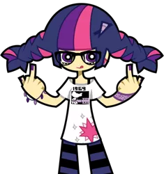 Size: 606x645 | Tagged: alternate hairstyle, artist:nekozneko, derpibooru import, fashion, female, hipster, human, humanized, middle finger, pigtails, safe, simple background, transparent background, twilight sparkle, vulgar