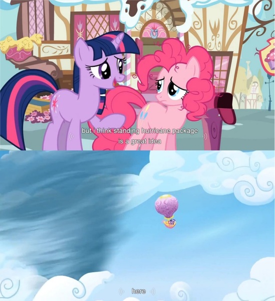 Size: 790x863 | Tagged: safe, derpibooru import, edit, edited screencap, screencap, pinkie pie, twilight sparkle, earth pony, pony, unicorn, wonderbolts academy, hot air balloon, tornado, twinkling balloon, unicorn twilight, youtube caption