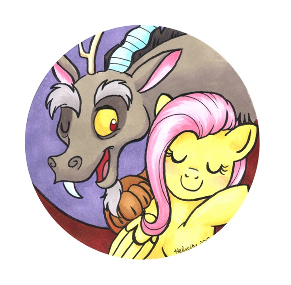 Size: 600x588 | Tagged: safe, artist:helicityponi, derpibooru import, discord, fluttershy, duo, eyes closed, female, friendship, hug, male, traditional art