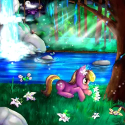 Size: 4000x4000 | Tagged: absurd resolution, artist:wendysakana, derpibooru import, flower, forest, lily, lily valley, moonlight, parasprite, safe, scenery, waterfall